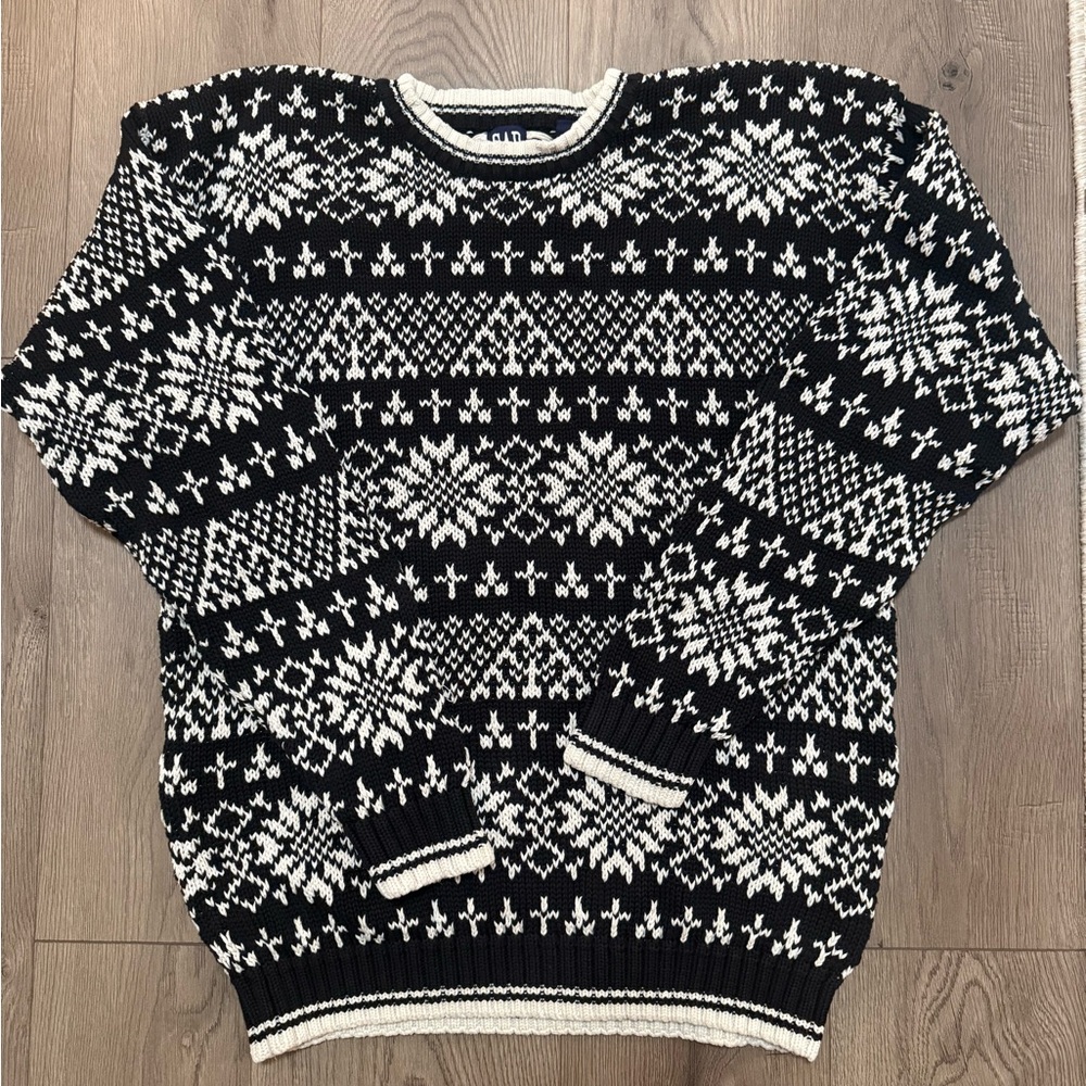 Vintage GAP Nordic Fair Isle Sweater Large Navy Cream 100% Cotton 90s